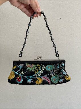 Chateau Black Satin Floral Embroidered Beaded-Handle Clutch